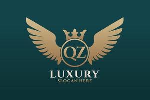 luxo royal wing letter qz crest gold color logo vector, logotipo da vitória, logotipo da crista, logotipo da asa, modelo de logotipo vetorial. vetor