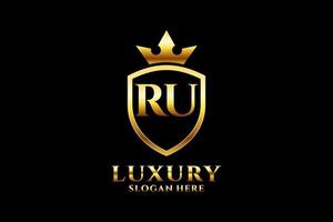 inicial ru elegante logotipo de monograma de luxo ou modelo de crachá com pergaminhos e coroa real - perfeito para projetos de marca luxuosos vetor