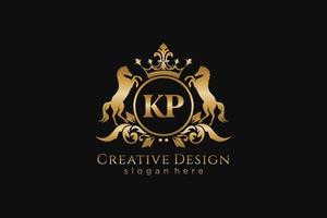 crista dourada retrô inicial kp com círculo e dois cavalos, modelo de crachá com pergaminhos e coroa real - perfeito para projetos de marca luxuosos vetor