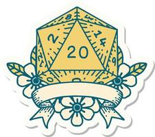 adesivo de uma rolagem de dados d20 natural de 20 acertos críticos vetor