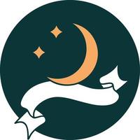 ícone de estilo de tatuagem com banner de uma lua e estrelas vetor