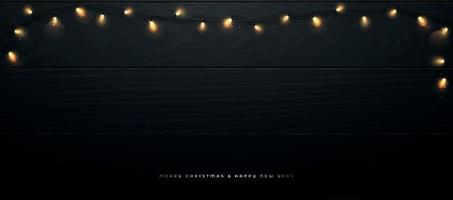 banner festivo com luzes de natal brilhantes em fundo preto de madeira. vetor