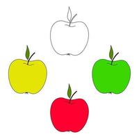 um conjunto de maçãs com uma folha verde. maçãs isoladas em um fundo branco. frutas coloridas vermelhas, verdes, amarelas vetor