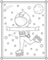 astronauta fofo jogando patins no espaço adequado para ilustração vetorial de página para colorir infantil vetor