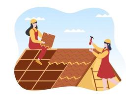 trabalhadores da construção de telhados modelo ilustração plana de desenhos animados desenhados à mão com renovação de telhado, consertando a casa de telha do telhado e reconstrução do telhado vetor