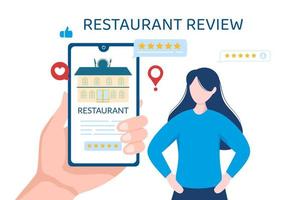 modelo de avaliação de restaurante ilustração plana de desenho animado desenhado à mão com feedback do cliente, estrela de taxa, opinião de especialistas e pesquisa on-line vetor