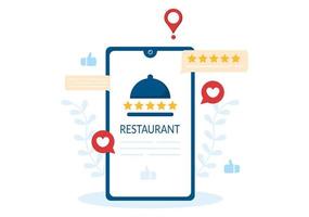 modelo de avaliação de restaurante ilustração plana de desenho animado desenhado à mão com feedback do cliente, estrela de taxa, opinião de especialistas e pesquisa on-line vetor