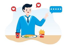 modelo de avaliação de restaurante ilustração plana de desenho animado desenhado à mão com feedback do cliente, estrela de taxa, opinião de especialistas e pesquisa on-line vetor
