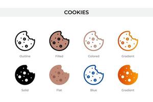 ícone de biscoitos em estilo diferente. ícones vetoriais de cookies projetados em estilo de contorno, sólido, colorido, preenchido, gradiente e plano. símbolo, ilustração do logotipo. ilustração vetorial