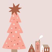 cartaz escandinavo de natal rosa. vila de natal com árvore de natal. cartão de ano novo pastel. paisagem de inverno, cena ao ar livre. ilustração vetorial de férias de inverno bonito. natal nórdico rosa. vetor