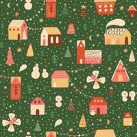 cidade de natal na neve. padrão sem emenda mágico da vila de natal. feliz ano novo repetir o fundo. cidade, casas, árvores de natal, neve, boneco de neve. ilustração de inverno. vetor infantil fofo.