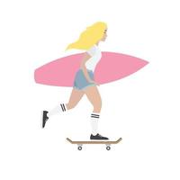 mulher plana de vetor andando de skate com surf