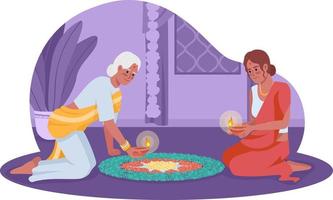 mulheres com ilustração isolada em vetor diwali 2d de celebração de lâmpadas a óleo. personagens planas de férias indianas em fundo de desenho animado. cena editável colorida fest para celular, site, apresentação