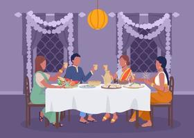 jantar festivo na ilustração vetorial de cor plana de diwali. amigos reunidos à mesa de férias. tradições indianas. personagens de desenhos animados simples 2d totalmente editáveis com sala decorada no fundo vetor