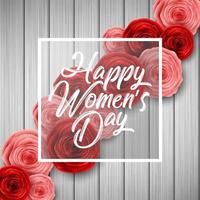 cartão de feliz dia internacional da mulher com flores rosas e moldura quadrada em fundo de madeira vetor