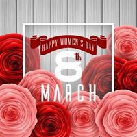feliz dia internacional da mulher com borboletas de corte de papel, flores rosas e placa redonda preta sobre fundo de madeira vetor
