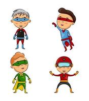 fofos quatro filhos vestindo fantasias de super-heróis com pose diferente vetor