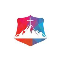 cruz batista no design do logotipo da montanha. cruz no topo da montanha. logotipo da igreja e da organização cristã. vetor