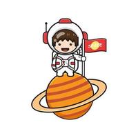 astronauta de menino bonito segurando a bandeira na ilustração de clipart do ícone dos desenhos animados do planeta vetor