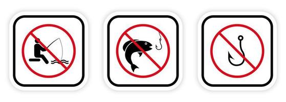 conjunto de ícones de silhueta negra de peixe anzol de pesca proibido. símbolo de círculo de parada vermelha de pescador. não é permitido pegar peixes no sinal do lago. pescador proibido. proibição de pesca pictograma. ilustração vetorial isolado. vetor
