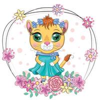 leoa dos desenhos animados em um lindo vestido com laços e flores. personagem de menina, animal selvagem com traços humanos vetor