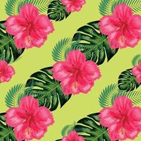 padrão perfeito com folhas tropicais, flores de hibisco vetor