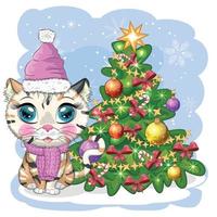 gato bonito dos desenhos animados com chapéu de papai noel perto da árvore de natal decorada. inverno 2023, natal e novo chinês vetor