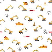 bonito padrão infantil sem costura com caminhão amarelo carro, guindaste, betoneira. ilustração de canteiro de obras em estilo cartoon vetor