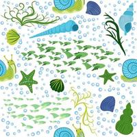 caracol, padrão sem emenda de habitantes do mar, bela personagem entre conchas, algas marinhas, estrelas do mar, animais marinhos da vida selvagem vetor