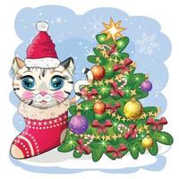 gato bonito dos desenhos animados com chapéu de papai noel perto da árvore de natal decorada. inverno 2023, natal e novo chinês vetor