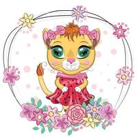 leoa dos desenhos animados em um lindo vestido com laços e flores. personagem de menina, animal selvagem com traços humanos vetor