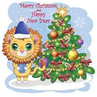 feliz Natal e Feliz Ano Novo. engraçado leão de chapéu vermelho com presente em estilo cartoon. cartão de saudação. vetor