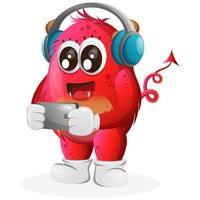 vector monstro vermelho bonito jogando jogo móvel, usando fones de ouvido