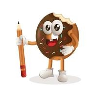mascote de donut fofo segurando o lápis vetor