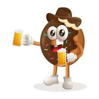 mascote de rosquinha fofa celebra a oktoberfest segurando cerveja vetor