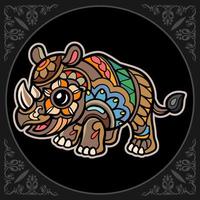 artes coloridas da mandala do rinoceronte isoladas no fundo preto vetor