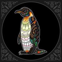 artes coloridas da mandala do pinguim isoladas no fundo preto vetor