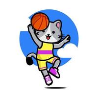 gato fofo feliz jogando basquete vetor