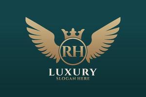 luxo royal wing letter rh crista ouro logotipo vetor, logotipo da vitória, logotipo da crista, logotipo da asa, modelo de logotipo vetorial. vetor