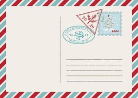 modelo de cartão postal de correio aéreo vintage e envelope. borracha de carimbo de Natal textura grunge com símbolos de férias em cores tradicionais. lugar para o seu texto de saudação vetor