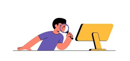 homem com lupa na mão olha para o monitor e pesquisa. ilustração em vetor de pesquisa de internet on-line abstrata de conceito