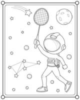 astronauta bonito jogando badminton no espaço adequado para ilustração vetorial de página para colorir infantil vetor
