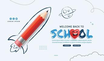 de volta ao fundo da escola com foguete de lápis vermelho lançando para o espaço. aprendizagem on-line e modelo de página da web, conceito de educação digital vetor