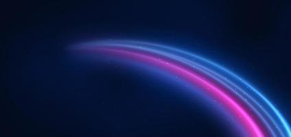 tecnologia abstrata neon futurista curvado linhas de luz azuis e rosa brilhantes com efeito de desfoque de movimento de velocidade em fundo azul escuro. vetor