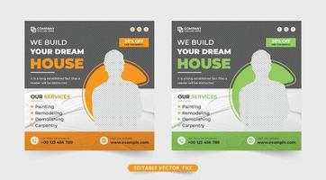 design de banner web de construção de casa criativa com cores verdes e amarelas. modelo de serviço de reparo de casa com formas abstratas para marketing de mídia social. vetor de modelo de renovação em casa moderna.