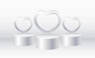cilindro 3d prata conjunto pódio com maquete de apresentação de coração vetor