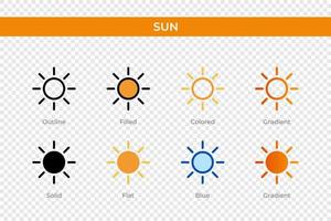 ícone de sol em estilo diferente. ícones de vetor de sol projetados em estilo de contorno, sólido, colorido, preenchido, gradiente e plano. símbolo, ilustração do logotipo. ilustração vetorial