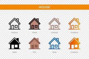 ícone de casa em estilo diferente. ícones de vetor de casa projetados em estilo de contorno, sólido, colorido, preenchido, gradiente e plano. símbolo, ilustração do logotipo. ilustração vetorial