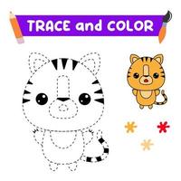 traçar e colorir o animal. uma folha de treinamento para crianças pré-escolares. tarefas educacionais para crianças. livro de colorir de tigre vetor