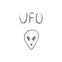 ilustração de cosmos doodle em estilo infantil. cartão de espaço desenhado à mão com letras ufo, alienígena. Preto e branco vetor